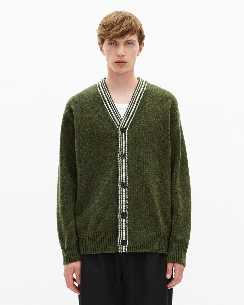 Wool cardigan with khaki contrasting stripes