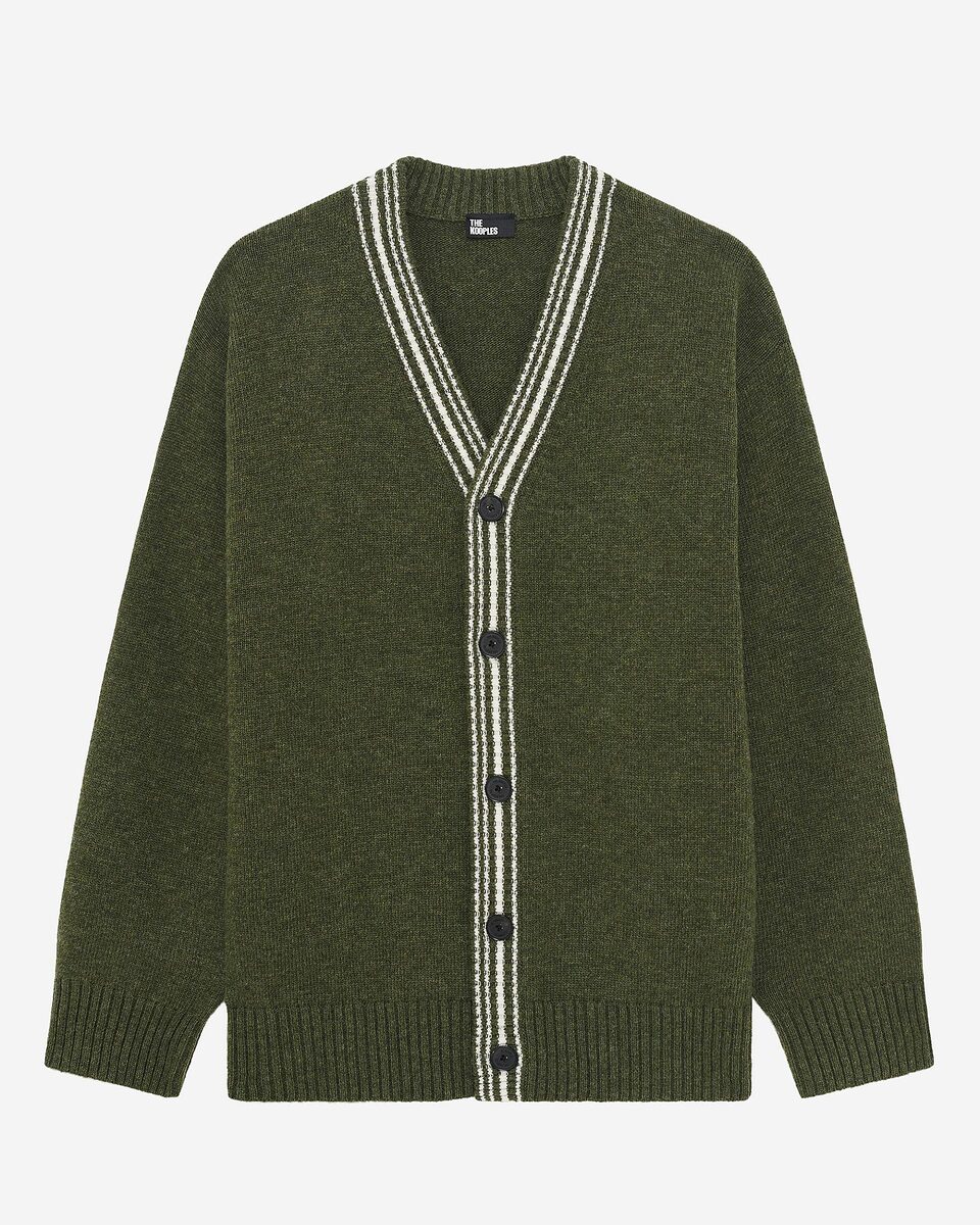 Wool cardigan with khaki contrasting stripes