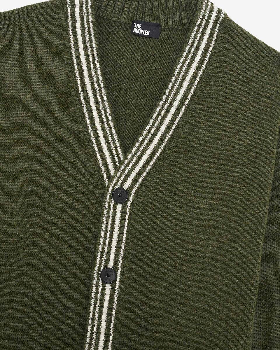 Wool cardigan with khaki contrasting stripes