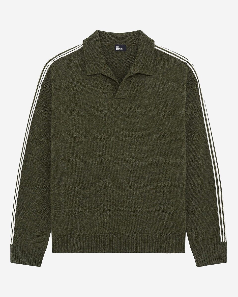Polo-neck sweater in wool with contrasting khaki stripes