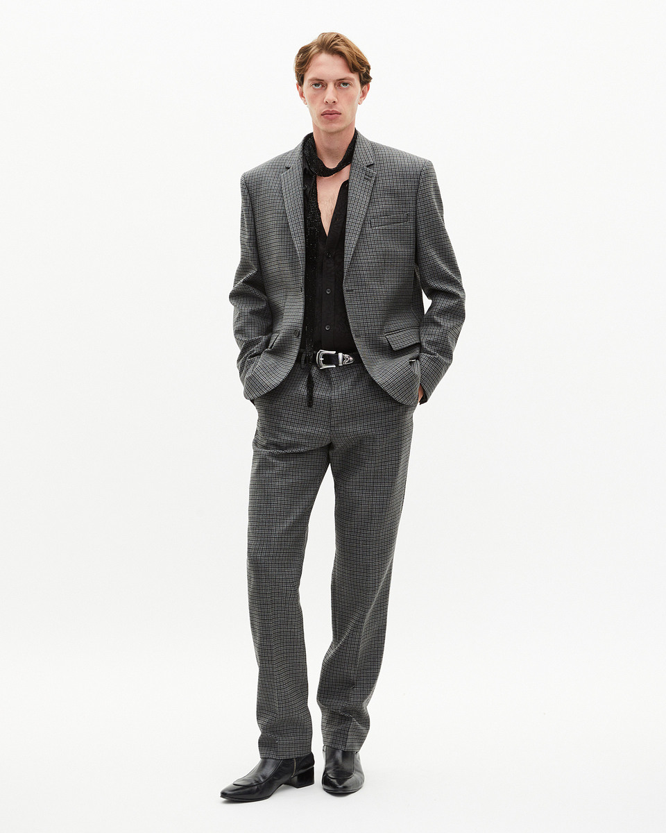 Black and grey houndstooth suit jacket