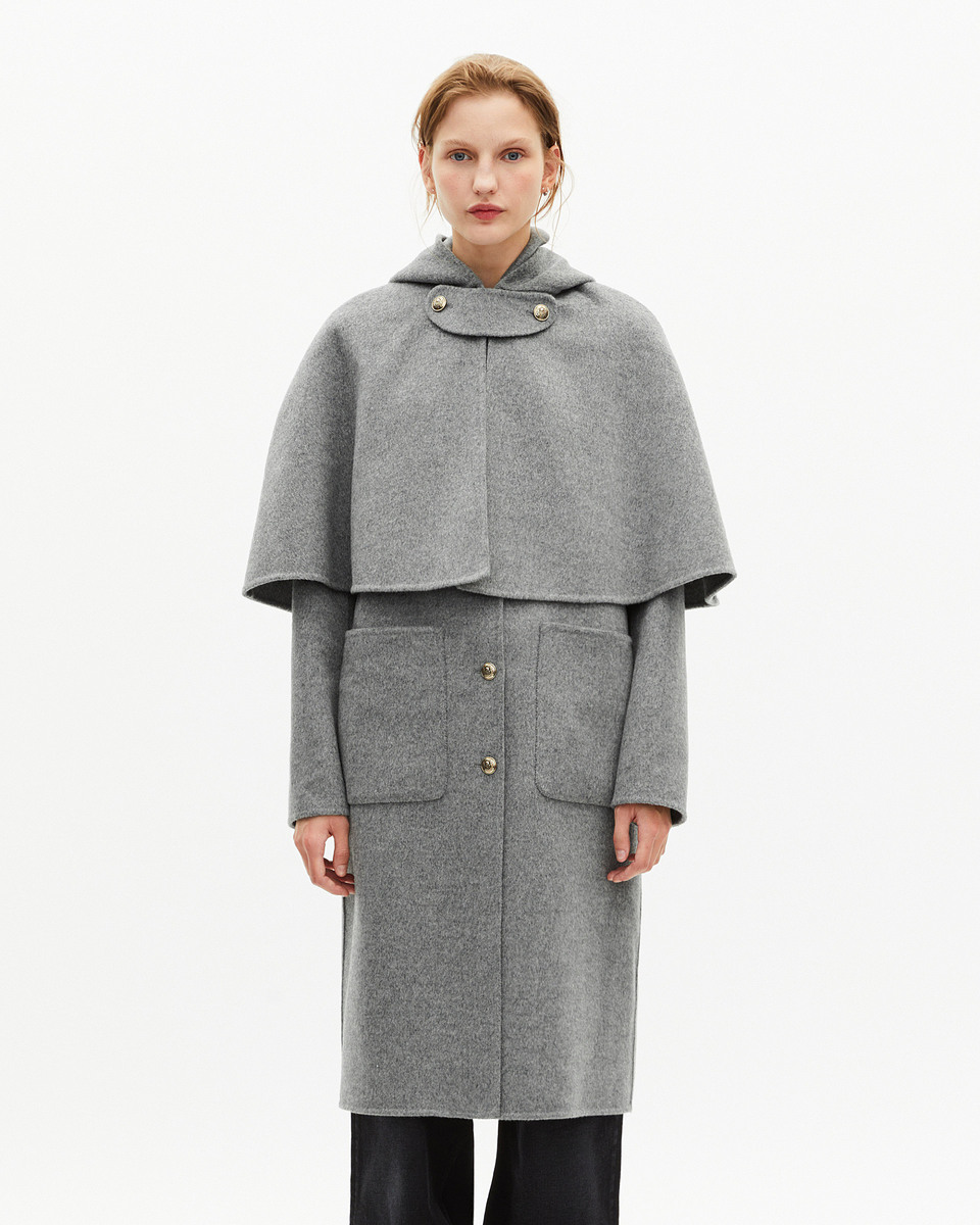 Long double-faced wool coat with grey cape