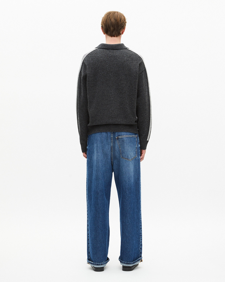 Wool polo-neck sweater with contrasting gray stripes