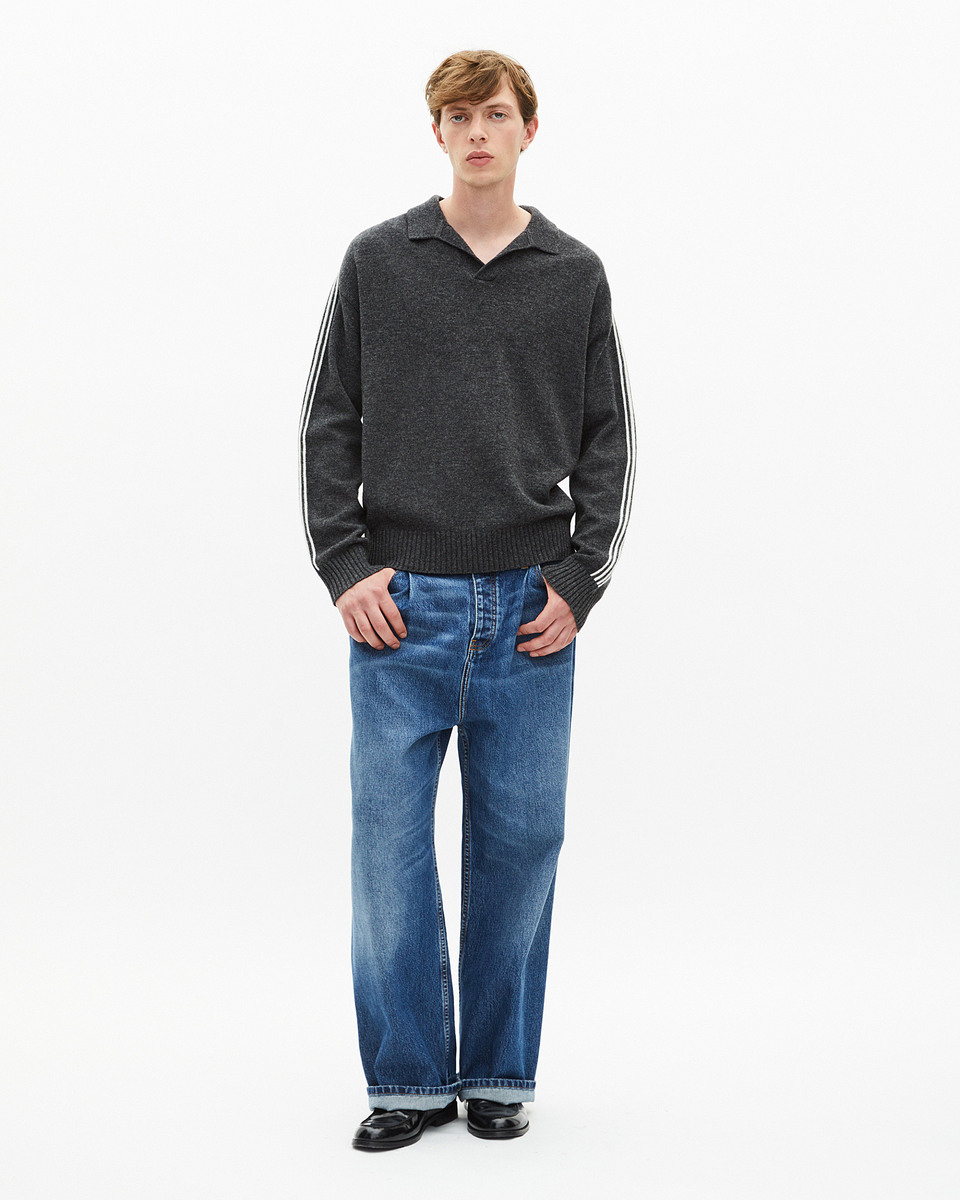 Wool polo-neck sweater with contrasting gray stripes