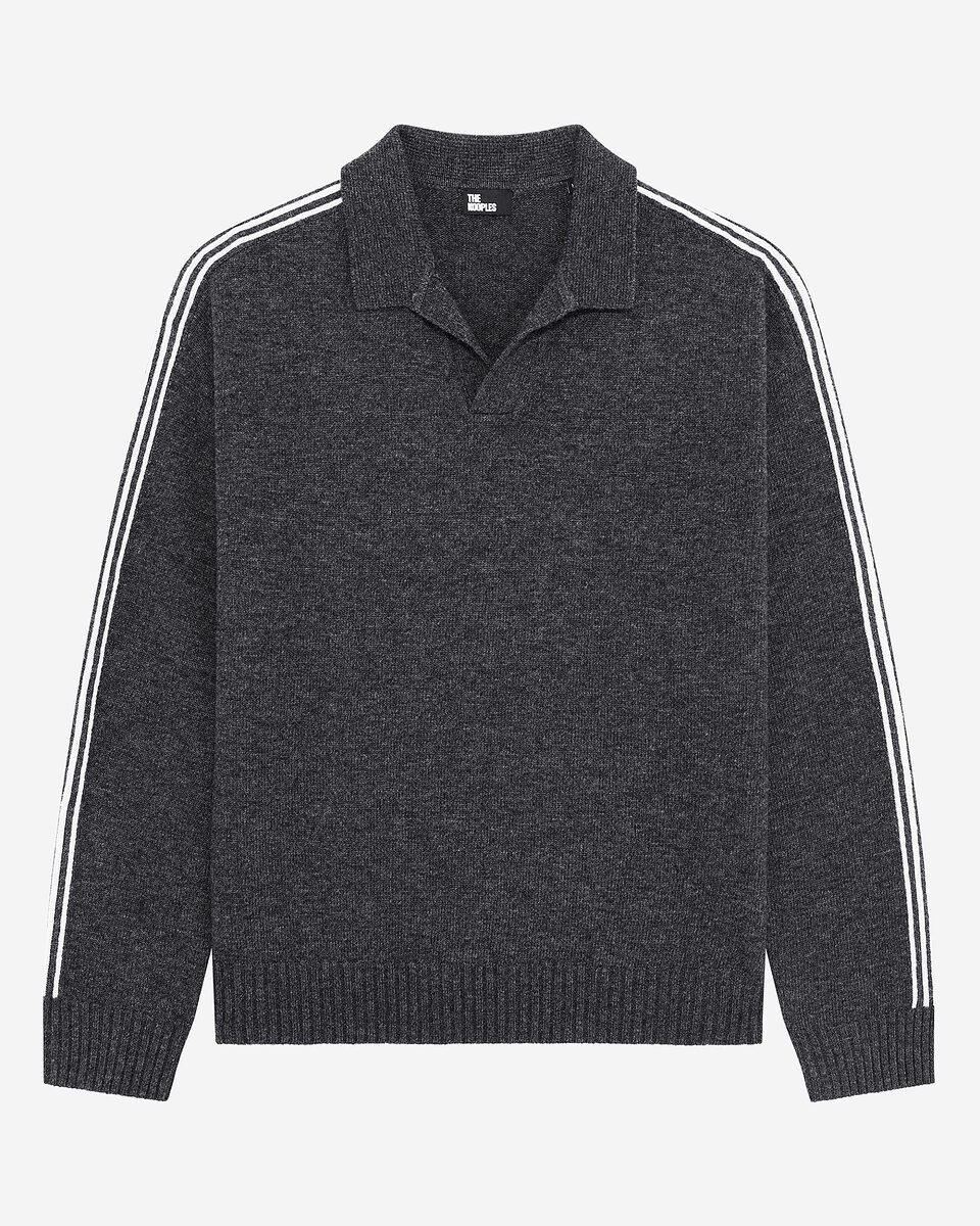 Wool polo-neck sweater with contrasting gray stripes