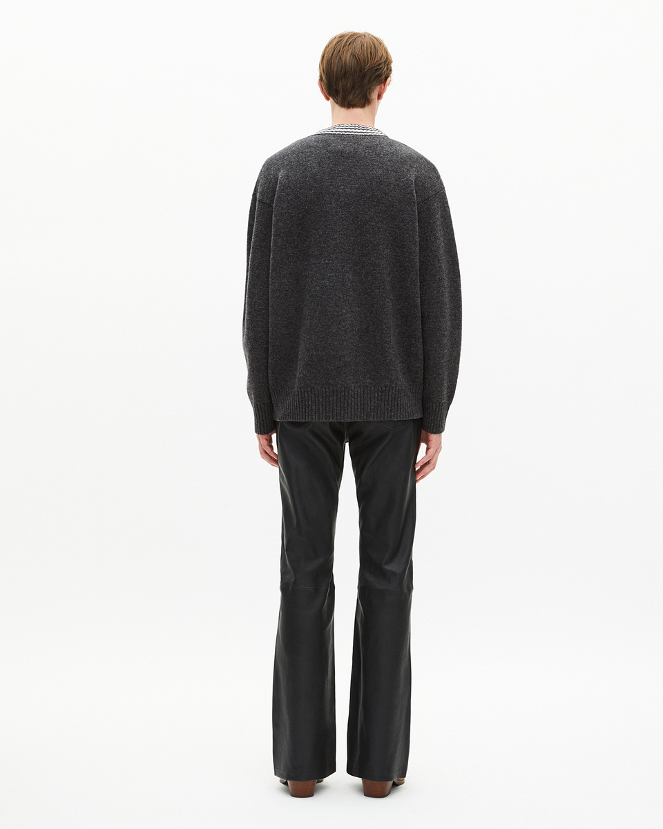 Wool cardigan with contrasting grey stripes