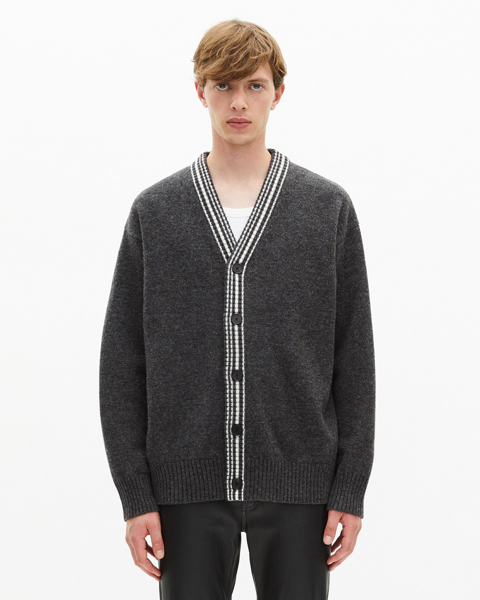 Wool cardigan with contrasting grey stripes