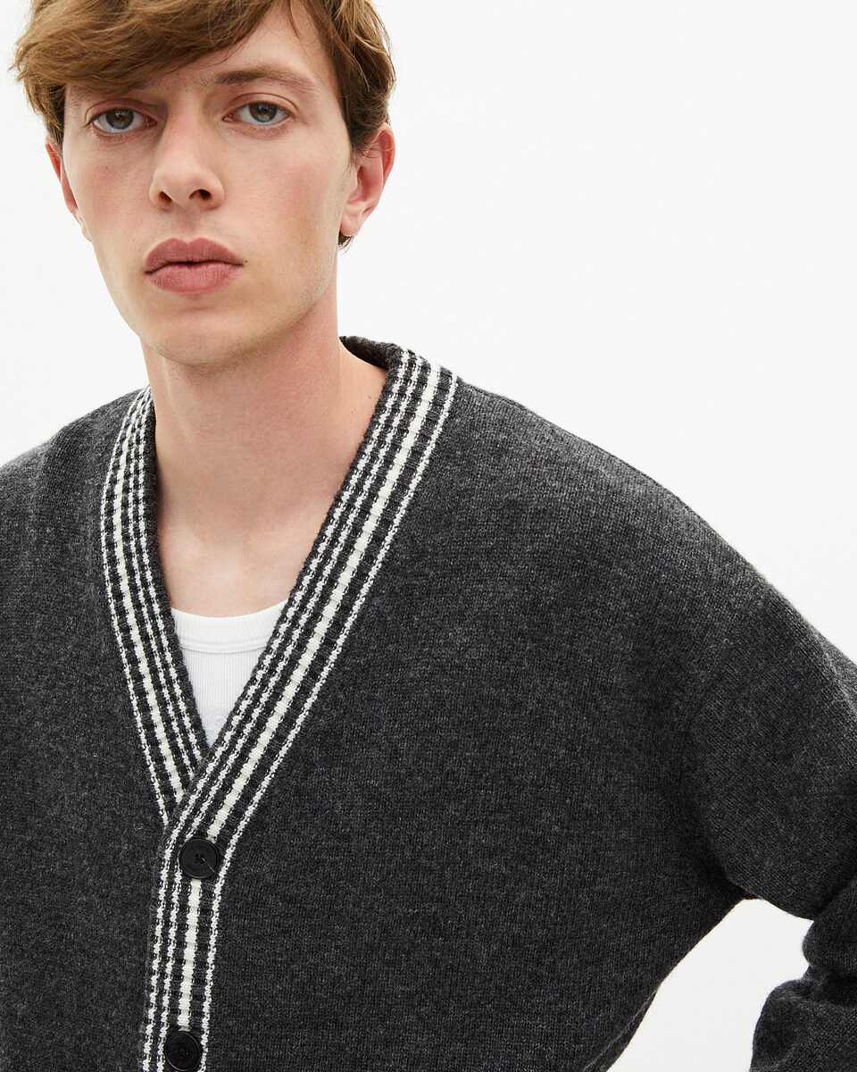 Wool cardigan with contrasting grey stripes