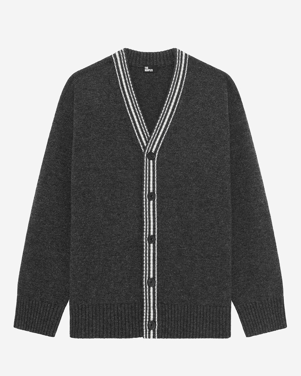 Wool cardigan with contrasting grey stripes