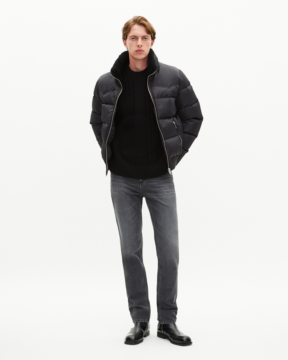 Down jacket with grey fur collar