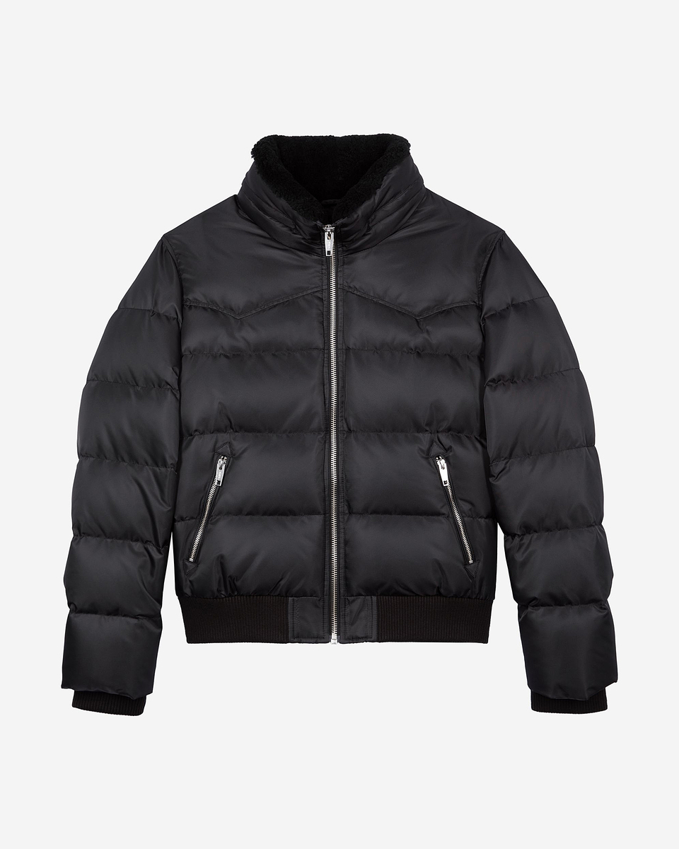 Down jacket with grey fur collar