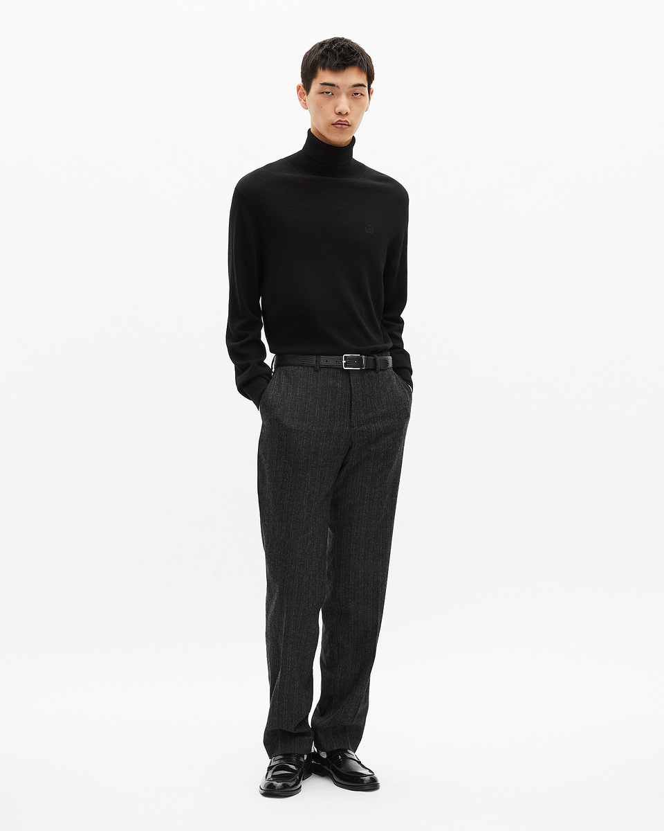 Dark grey pinstripe straight-leg suit pants