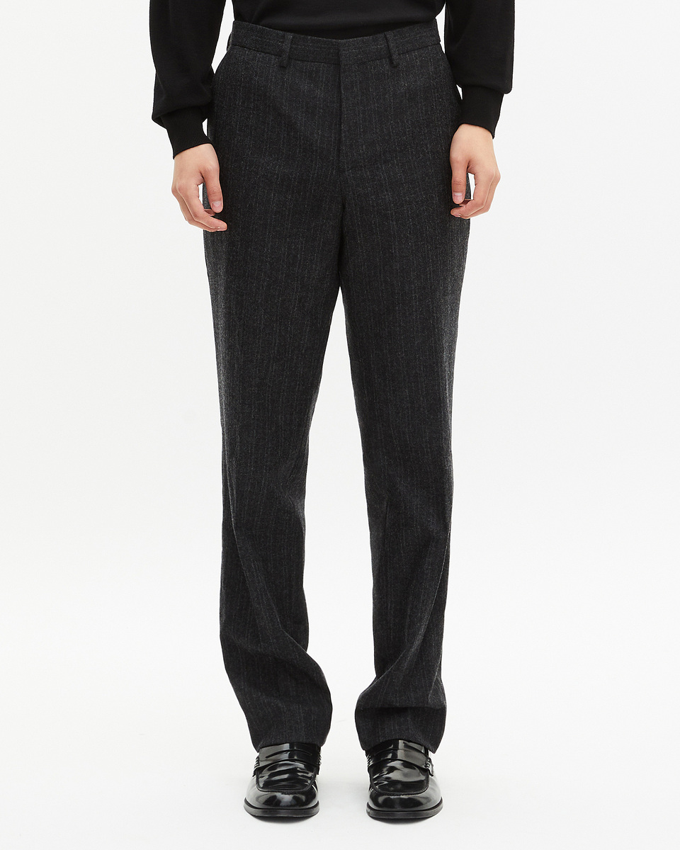 Dark grey pinstripe straight-leg suit pants