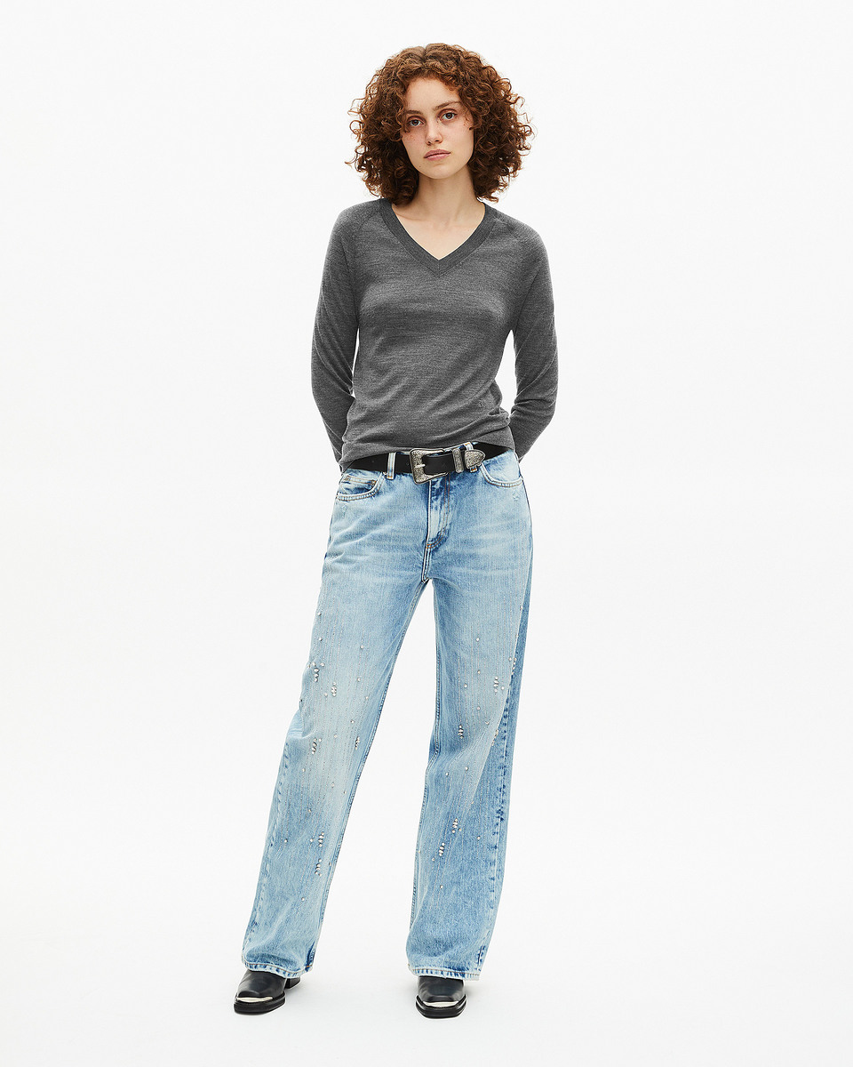 Grey merino wool V-neck sweater