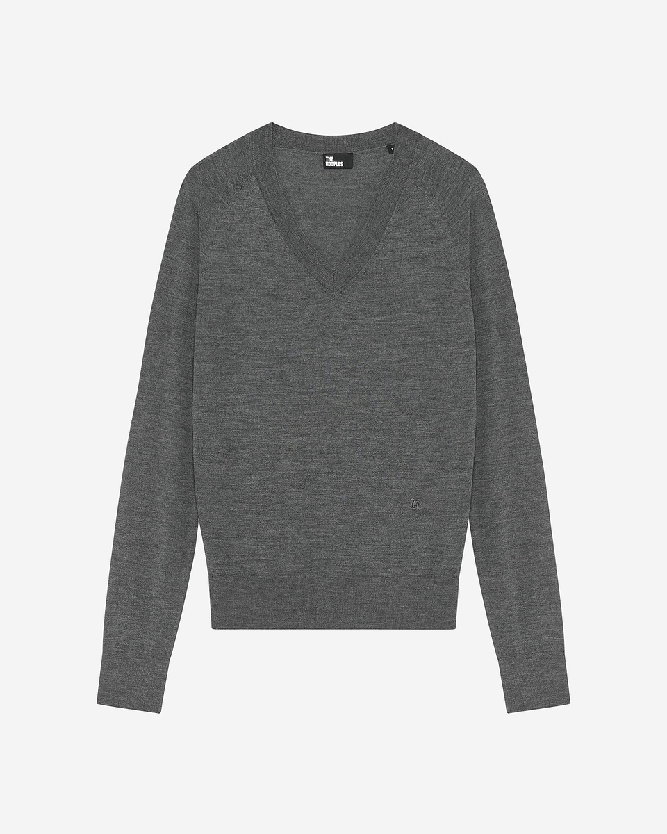 Grey merino wool V-neck sweater