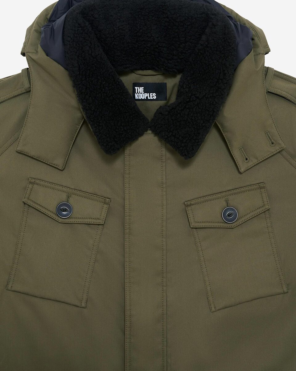 Water-repellent parka with khaki sherpa collar