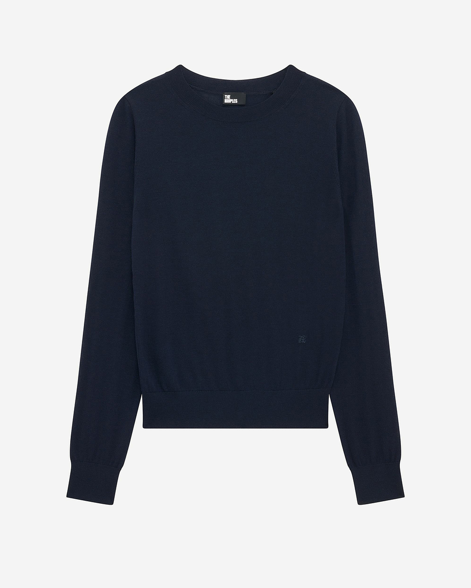 Round-neck sweater in navy merino wool