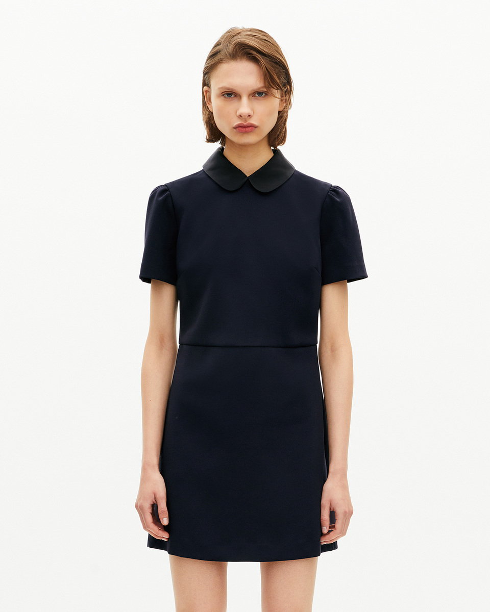 Short dress with claudine collar in navy satin
