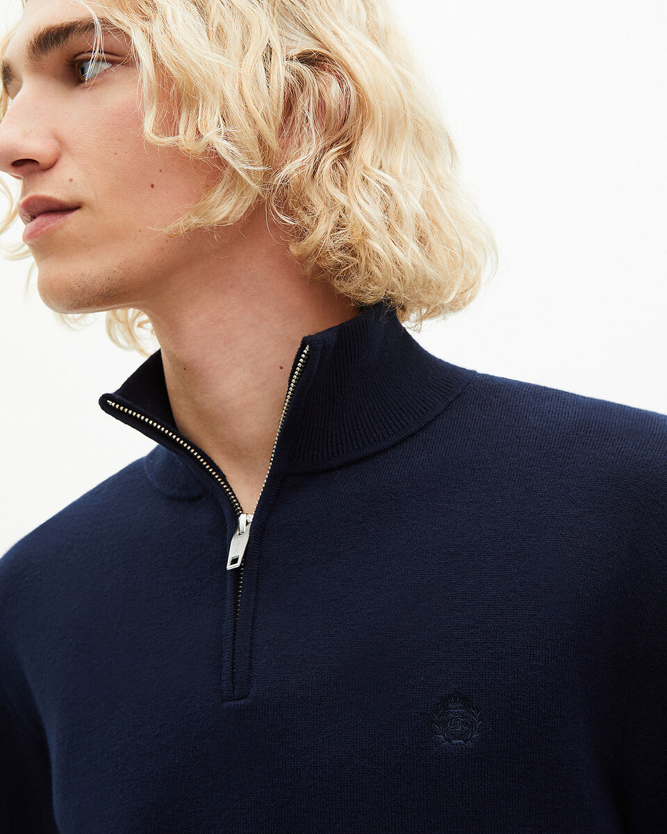 Double-faced navy trucker-neck sweater