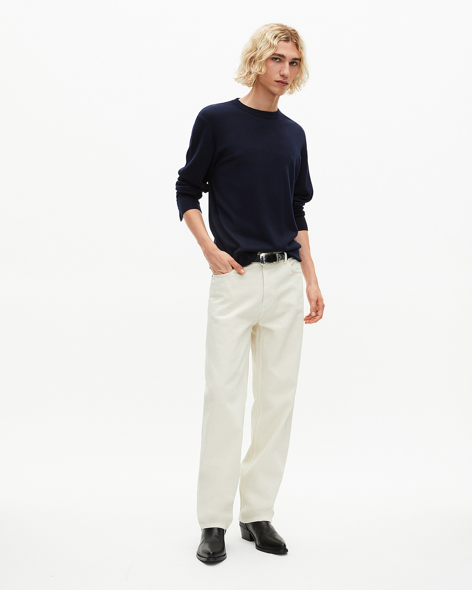 Round-neck sweater in navy merino wool