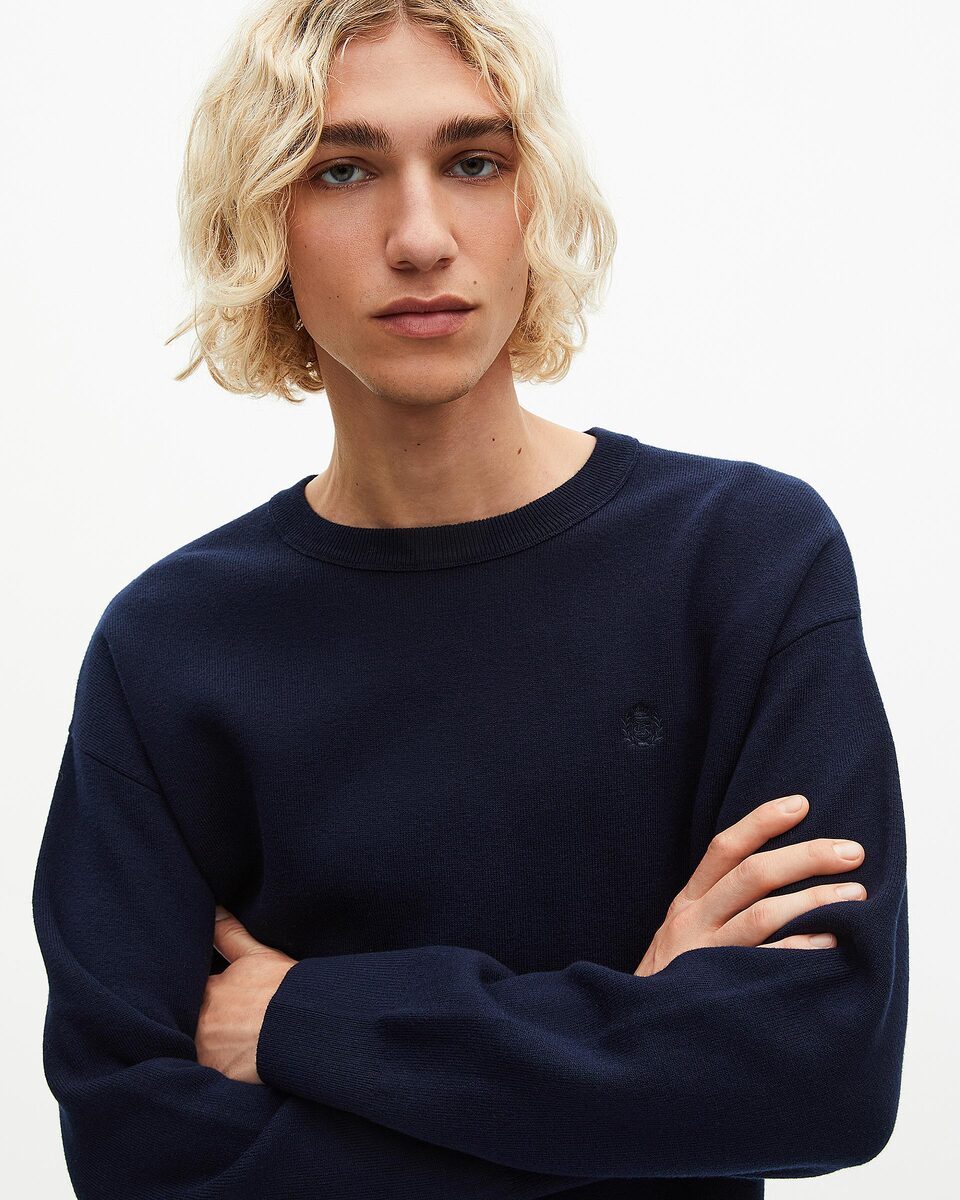 Round-neck sweater in navy double-faced wool