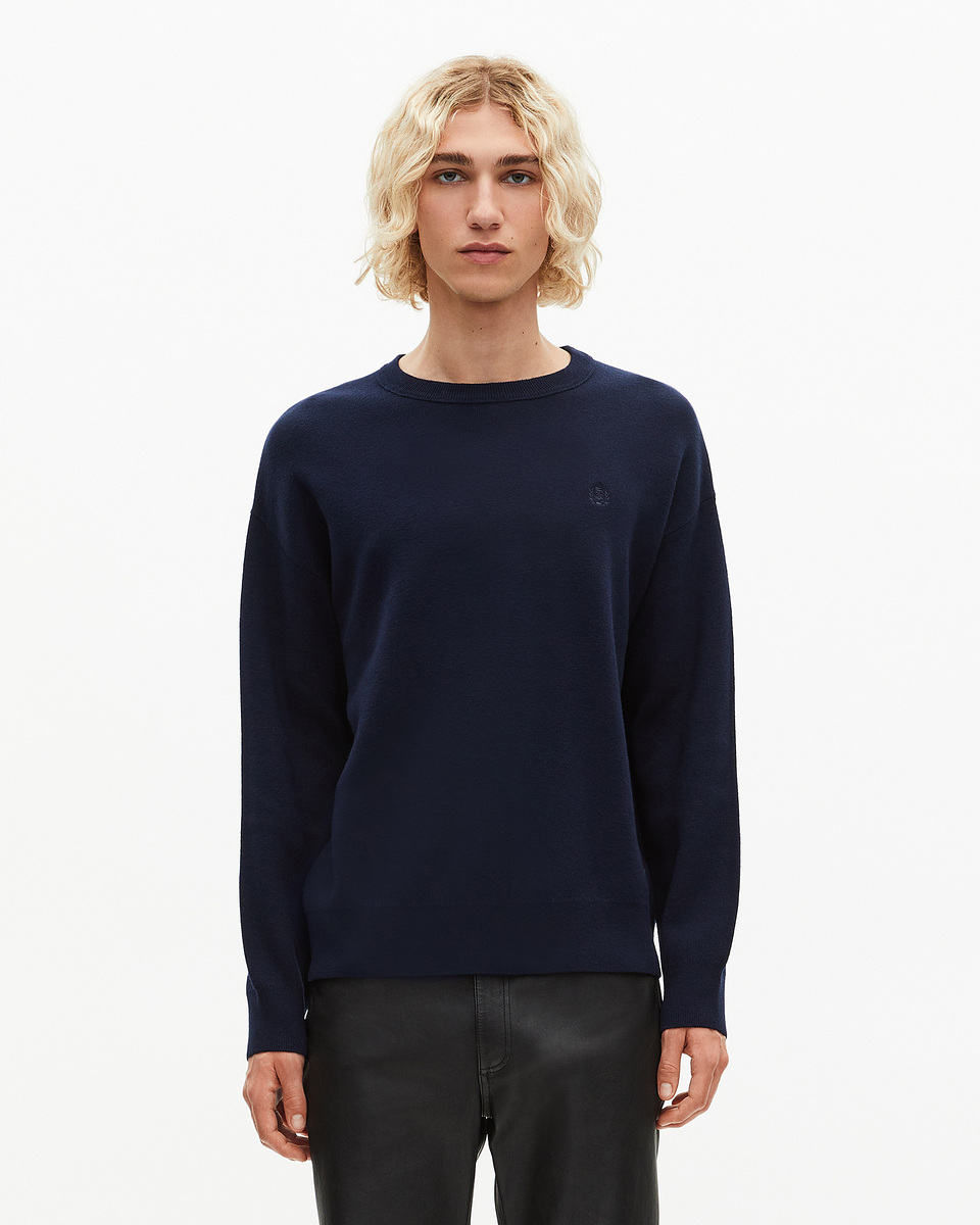Round-neck sweater in navy double-faced wool