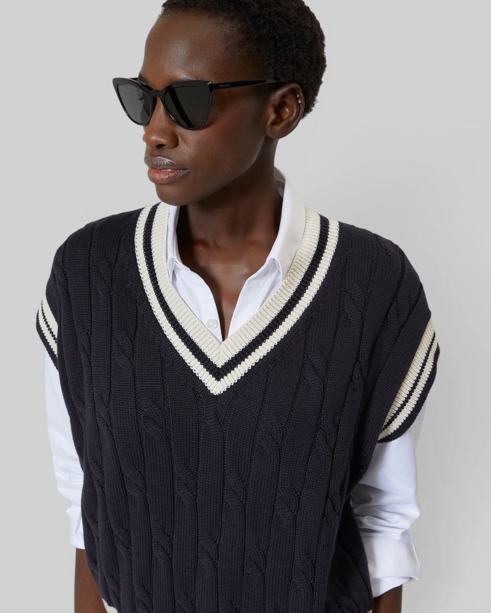 Sleeveless navy cotton sweater