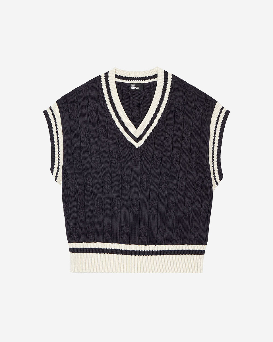 Sleeveless navy cotton sweater