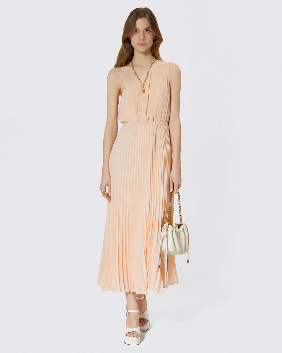 Long asymmetrical pleated peach dress