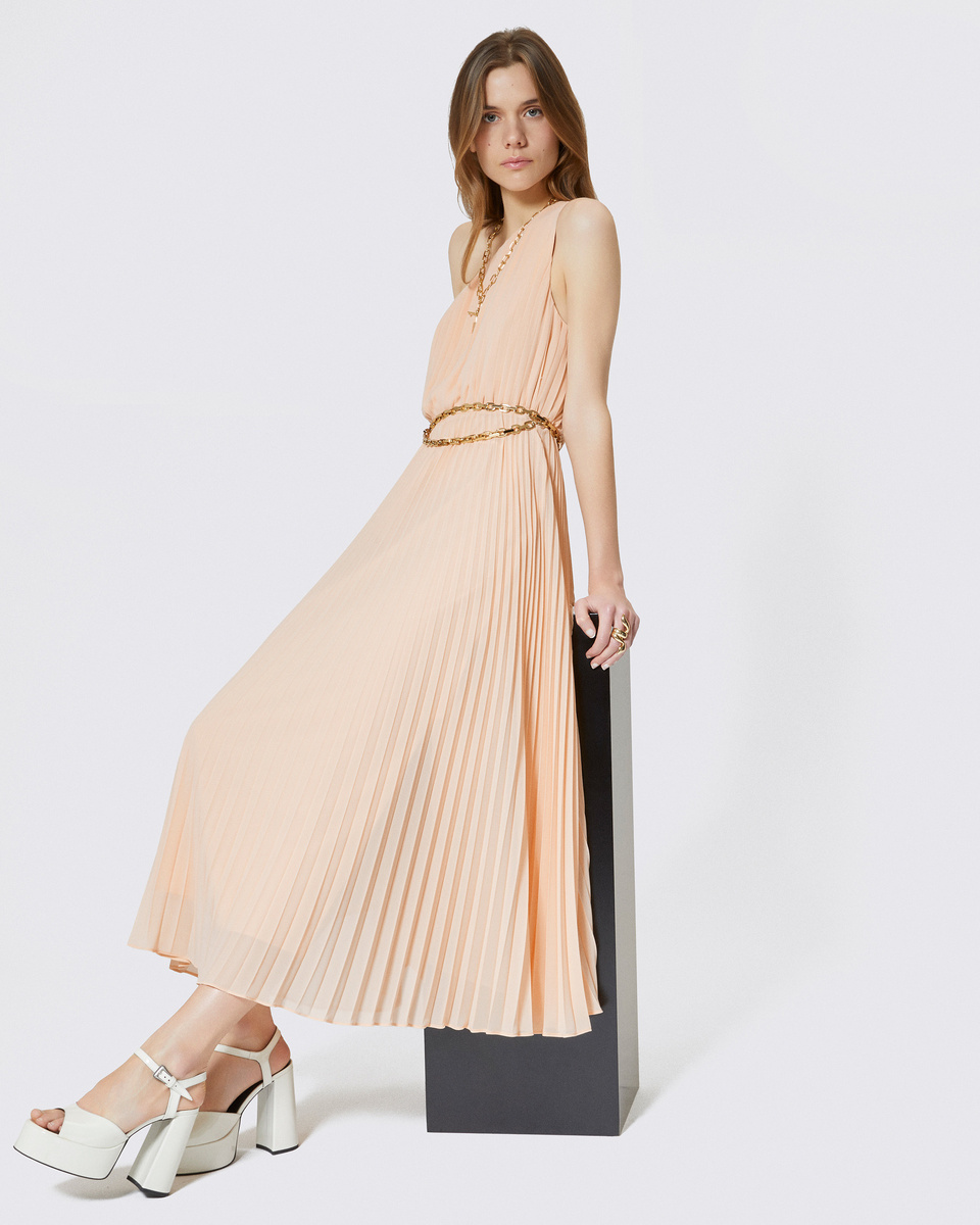 Long asymmetrical pleated peach dress