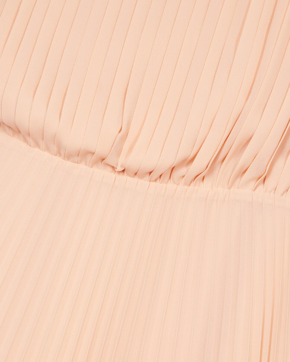 Long asymmetrical pleated peach dress