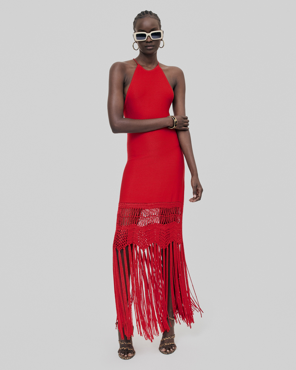 Red mesh fringed halter dress