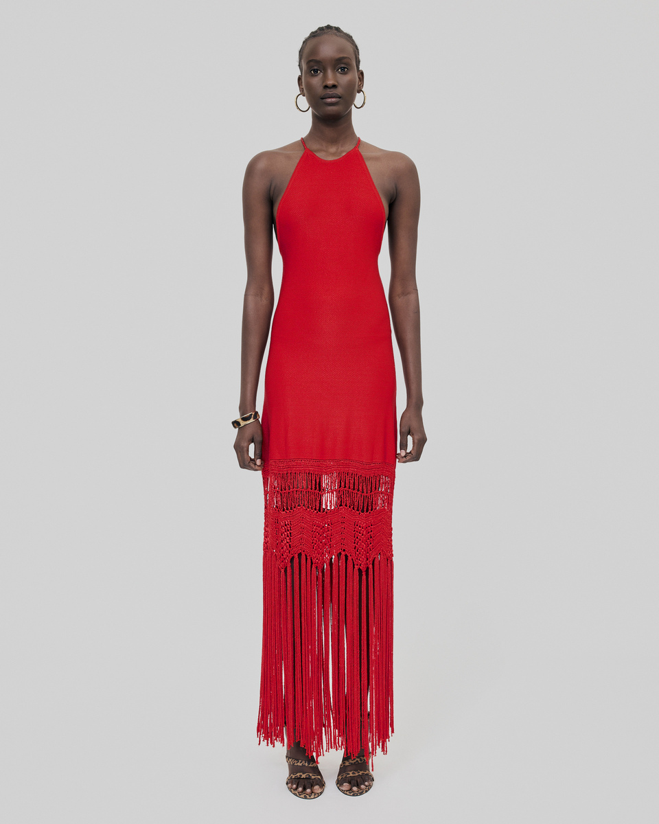 Red mesh fringed halter dress