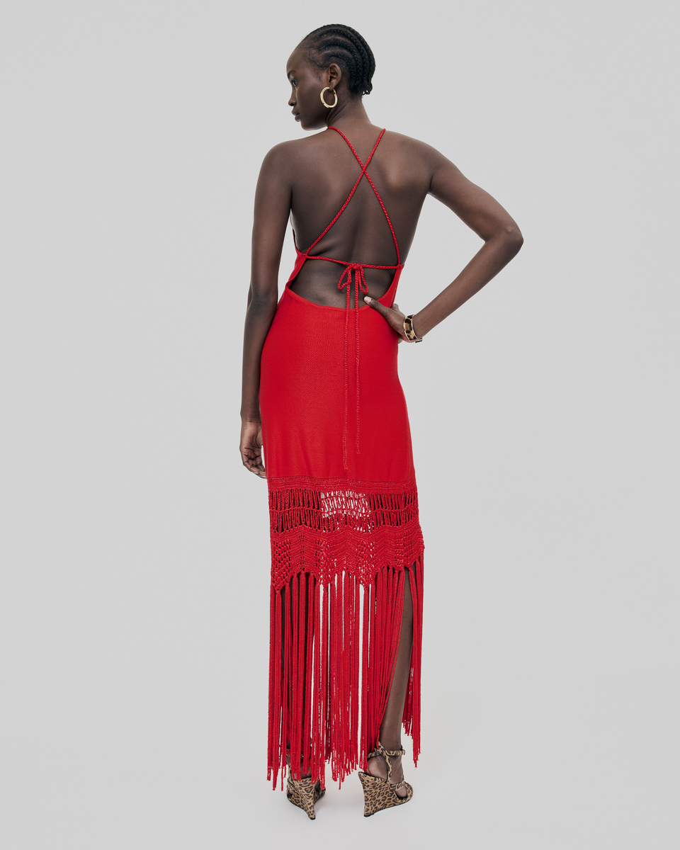 Red mesh fringed halter dress