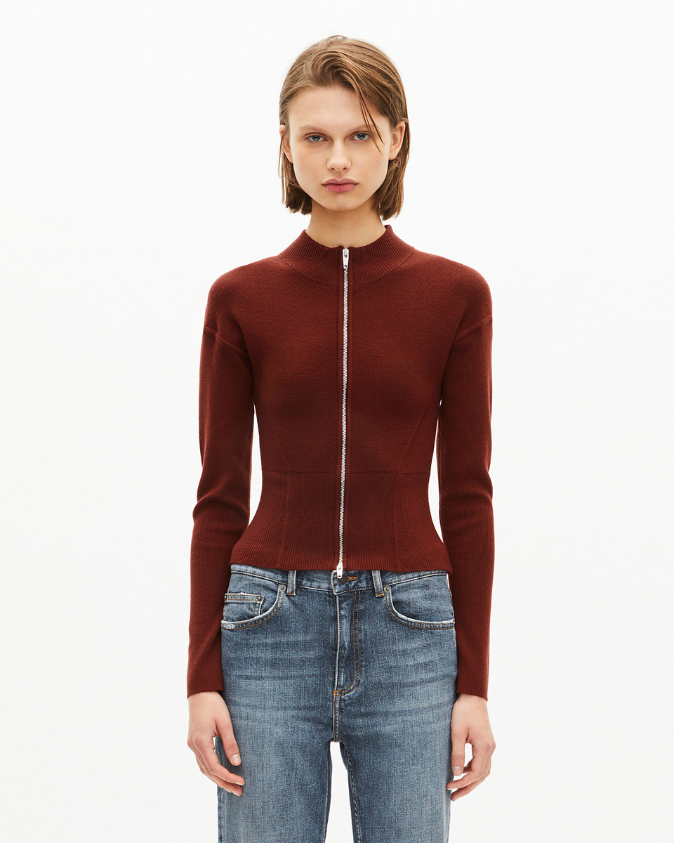 Burgundy wool blend zip cardigan
