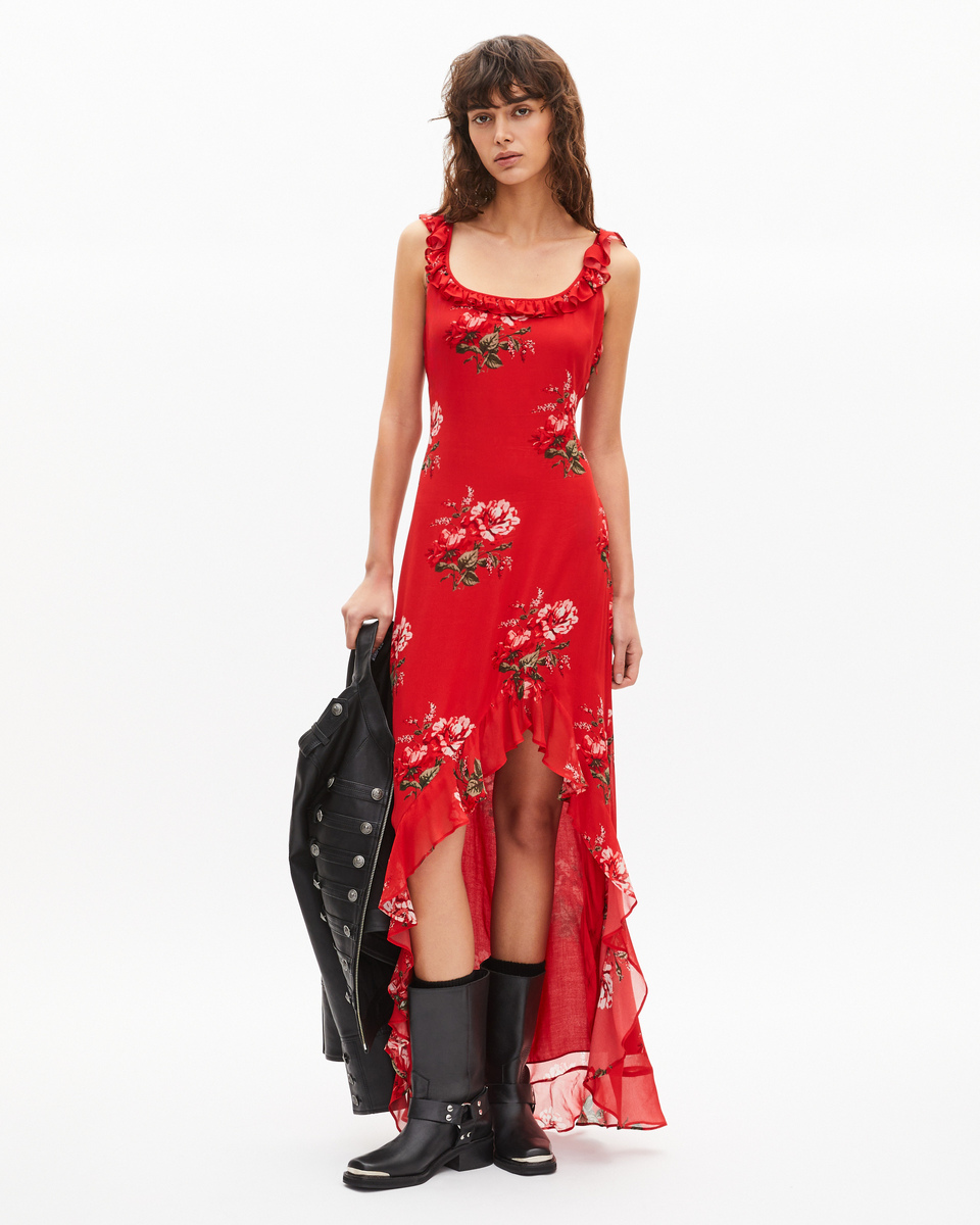 Red floral print long dress with ruffles