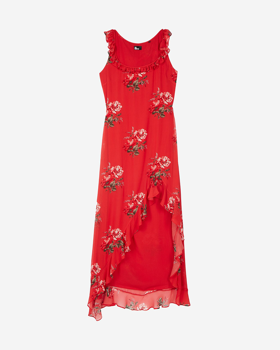 Red floral print long dress with ruffles