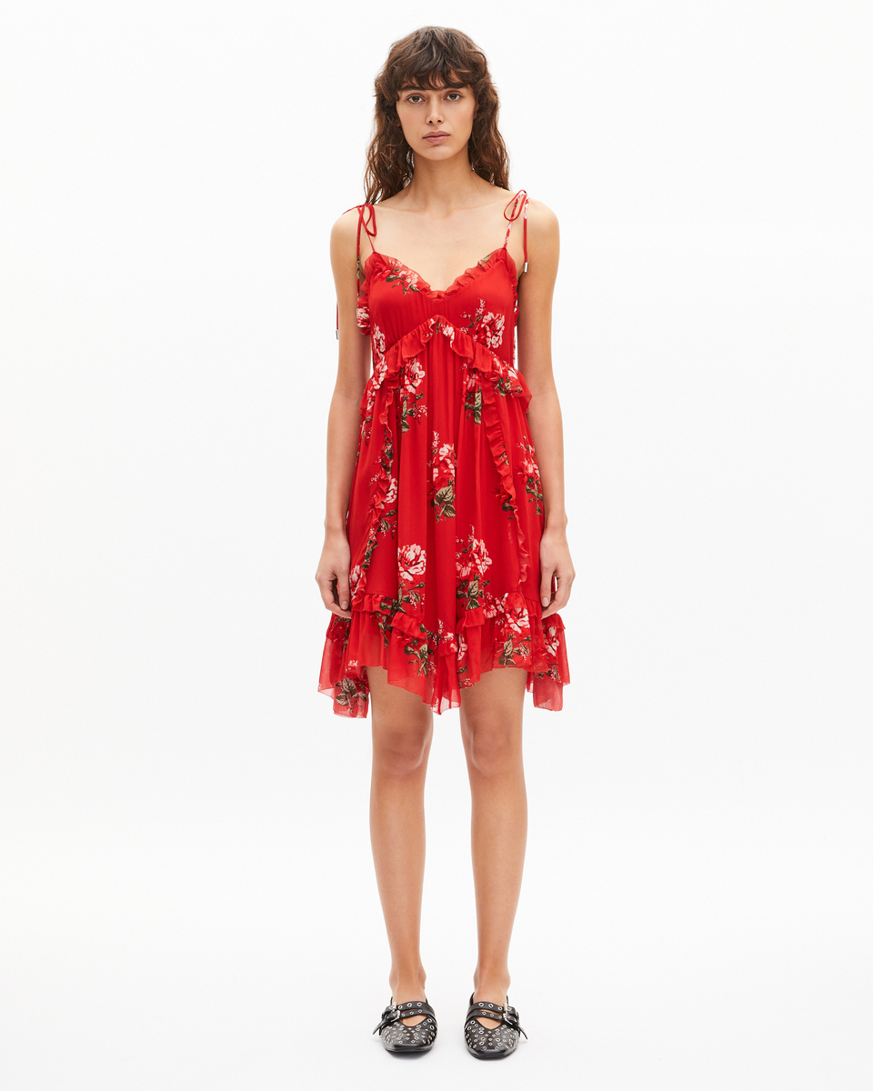 Red floral print short dress