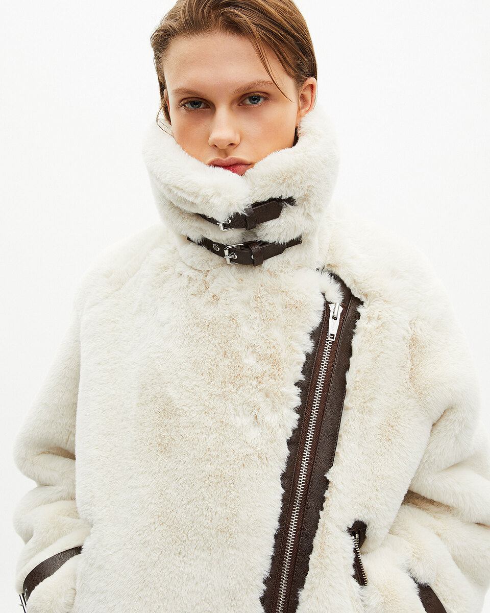 Ecru fur-effect aviator jacket