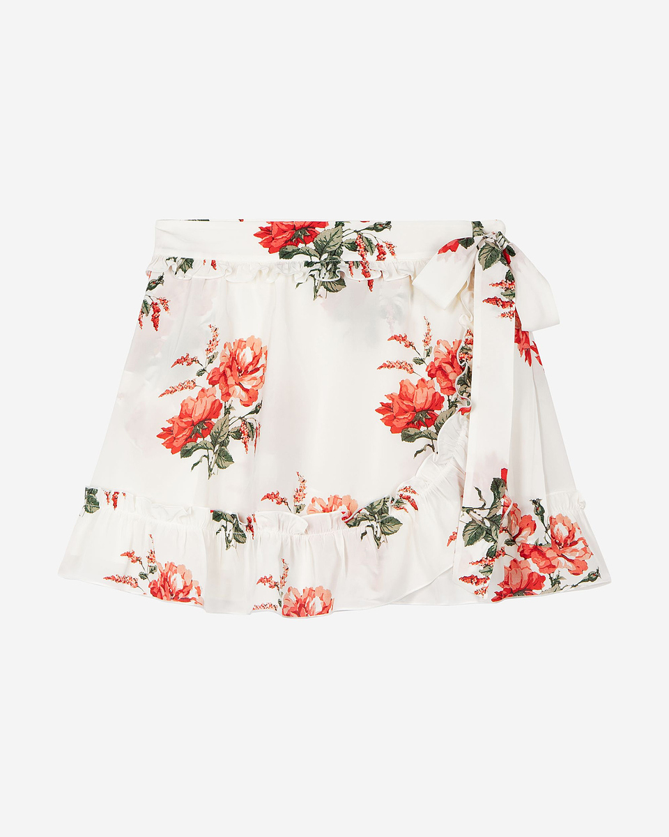 Short white floral print wrap skirt