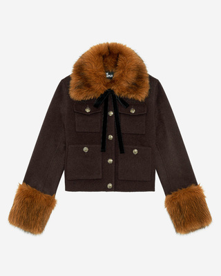 Brown short wool jacket with sherpa collar