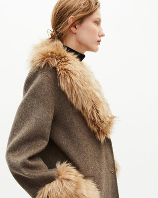 Long coat in double-faced wool and brown fur