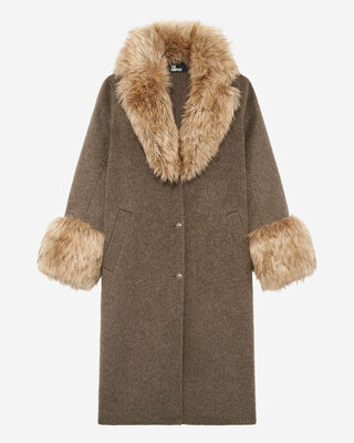 Long coat in double-faced wool and brown fur