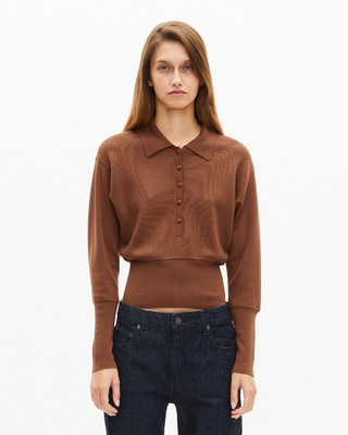 Camel merino wool blend polo-neck sweater