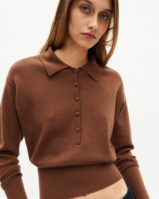 Camel merino wool blend polo-neck sweater
