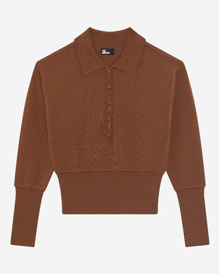 Camel merino wool blend polo-neck sweater