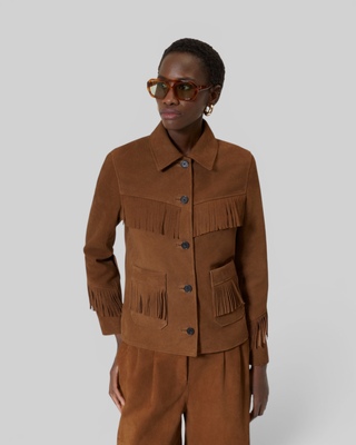 Suede leather jacket with camel fringe