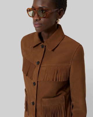 Suede leather jacket with camel fringe