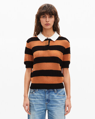 Orange and black striped openwork polo shirt