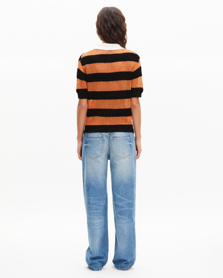 Orange and black striped openwork polo shirt